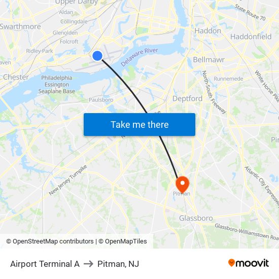 Airport Terminal A to Pitman, NJ map
