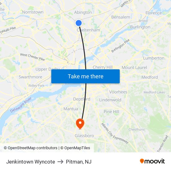 Jenkintown Wyncote to Pitman, NJ map