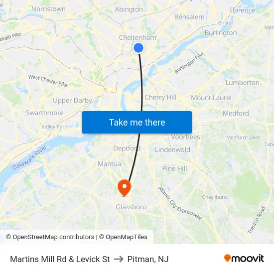 Martins Mill Rd & Levick St to Pitman, NJ map