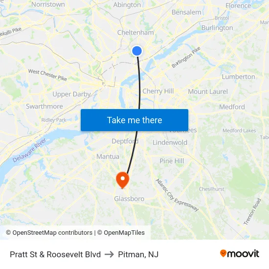 Pratt St & Roosevelt Blvd to Pitman, NJ map