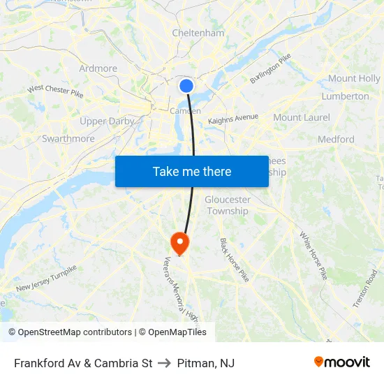 Frankford Av & Cambria St to Pitman, NJ map