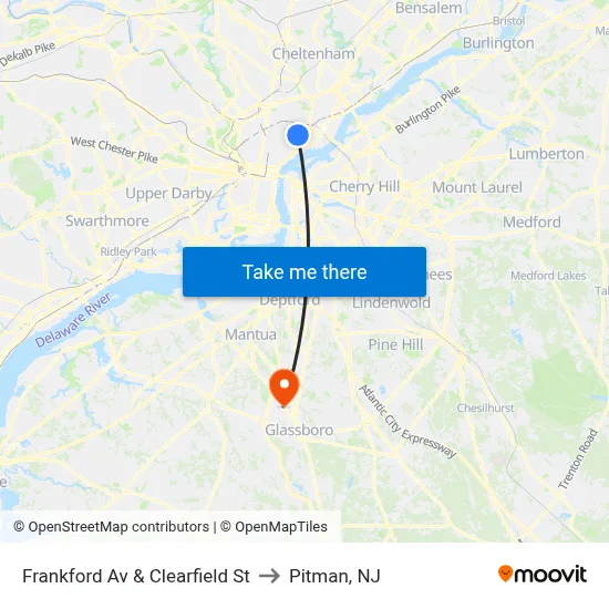 Frankford Av & Clearfield St to Pitman, NJ map
