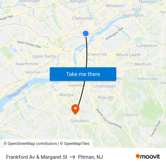 Frankford Av & Margaret St to Pitman, NJ map