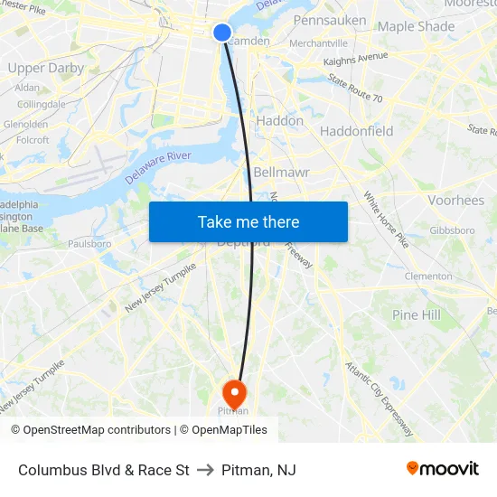 Columbus Blvd & Race St to Pitman, NJ map