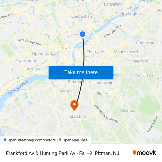 Frankford Av & Hunting Park Av - Fs to Pitman, NJ map
