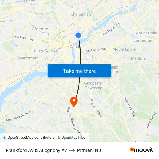 Frankford Av & Allegheny Av to Pitman, NJ map