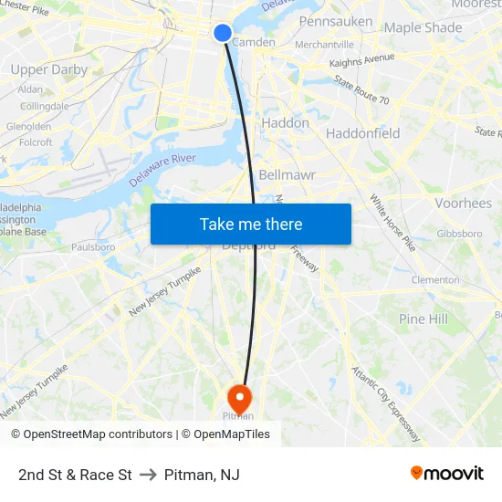 2nd St & Race St to Pitman, NJ map