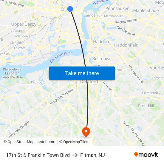 17th St & Franklin Town Blvd to Pitman, NJ map
