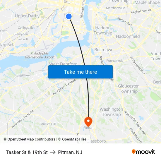 Tasker St & 19th St to Pitman, NJ map