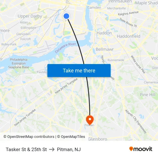 Tasker St & 25th St to Pitman, NJ map