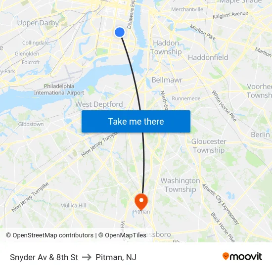 Snyder Av & 8th St to Pitman, NJ map
