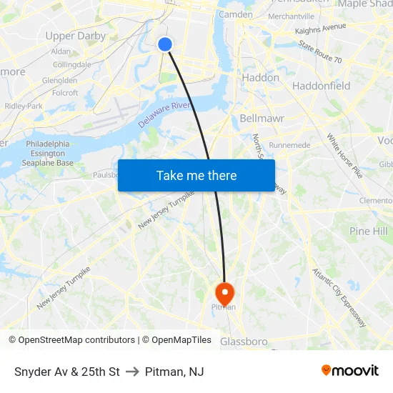 Snyder Av & 25th St to Pitman, NJ map