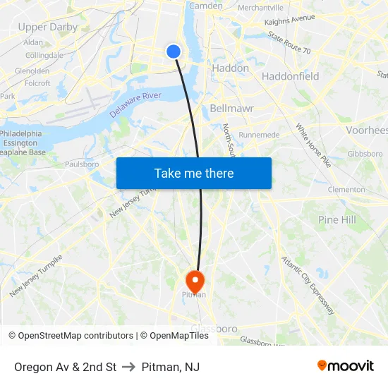 Oregon Av & 2nd St to Pitman, NJ map