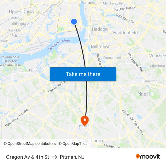 Oregon Av & 4th St to Pitman, NJ map