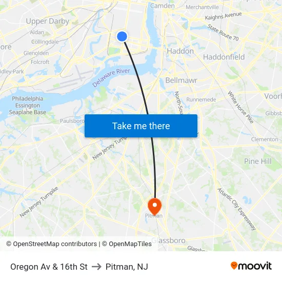 Oregon Av & 16th St to Pitman, NJ map