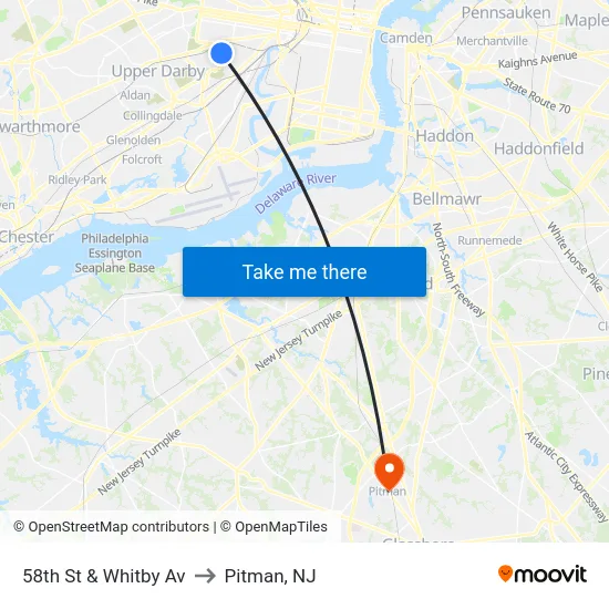 58th St & Whitby Av to Pitman, NJ map