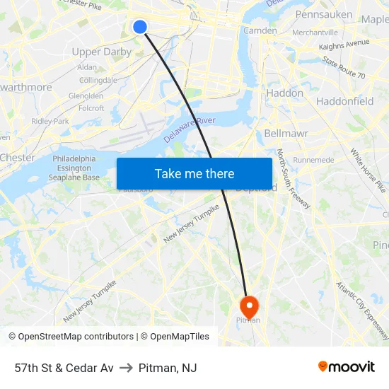57th St & Cedar Av to Pitman, NJ map