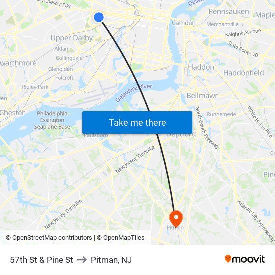 57th St & Pine St to Pitman, NJ map
