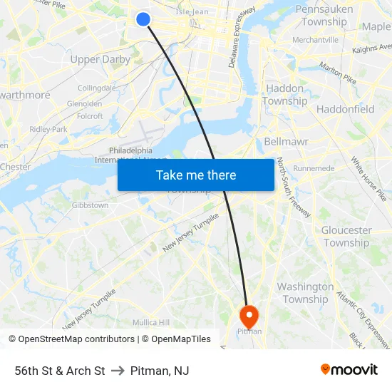 56th St & Arch St to Pitman, NJ map