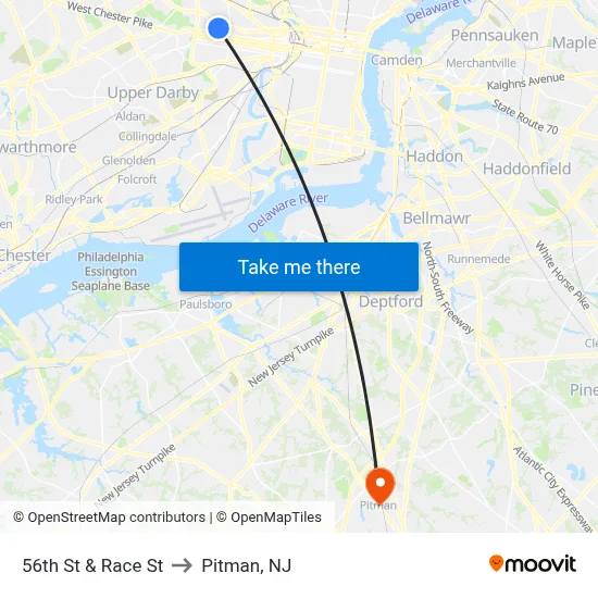 56th St & Race St to Pitman, NJ map