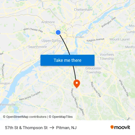 57th St & Thompson St to Pitman, NJ map