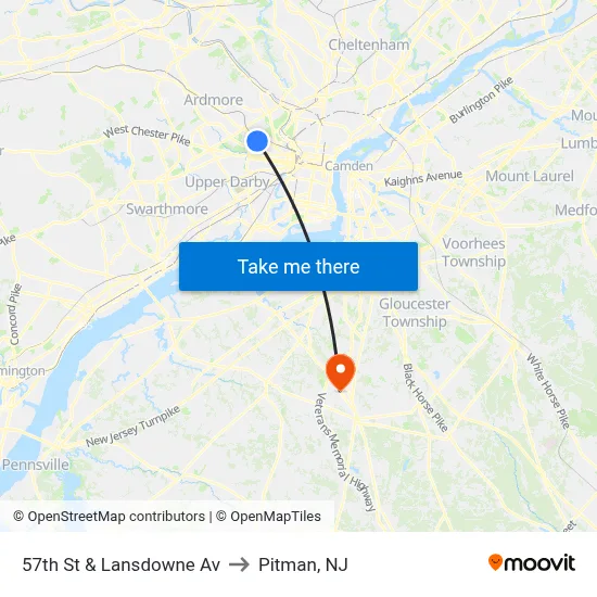 57th St & Lansdowne Av to Pitman, NJ map