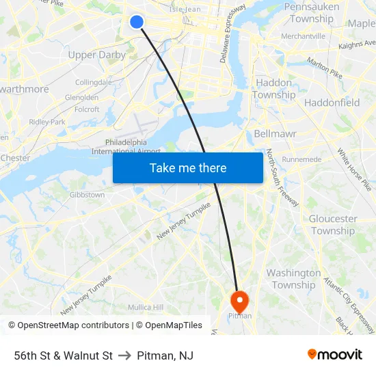 56th St & Walnut St to Pitman, NJ map