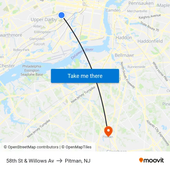 58th St & Willows Av to Pitman, NJ map