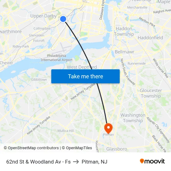 62nd St & Woodland Av - Fs to Pitman, NJ map