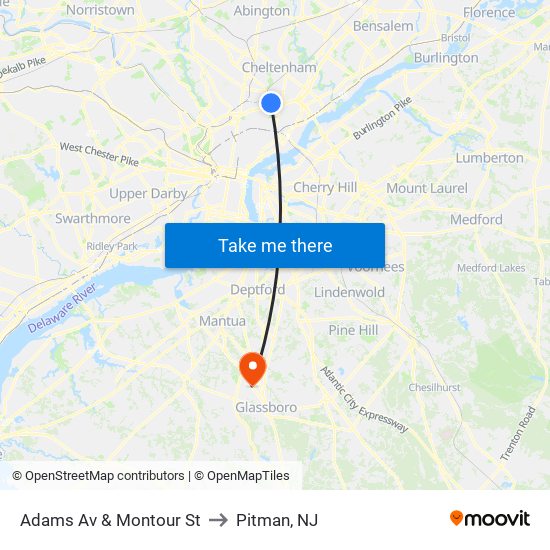 Adams Av & Montour St to Pitman, NJ map