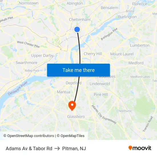 Adams Av & Tabor Rd to Pitman, NJ map