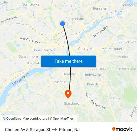Chelten Av & Sprague St to Pitman, NJ map