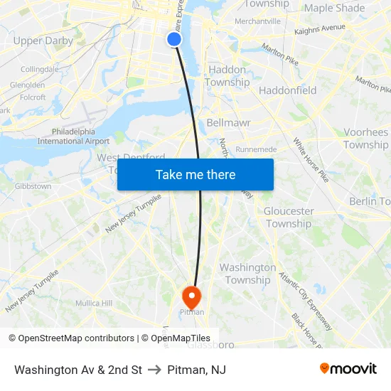 Washington Av & 2nd St to Pitman, NJ map