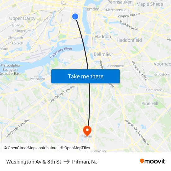 Washington Av & 8th St to Pitman, NJ map