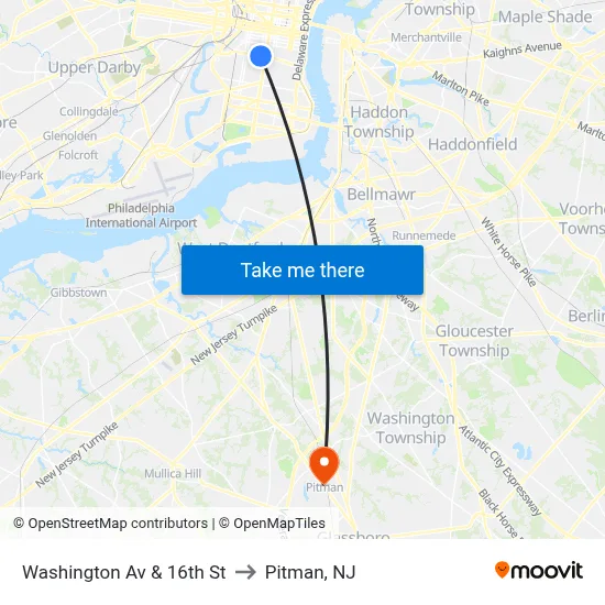Washington Av & 16th St to Pitman, NJ map
