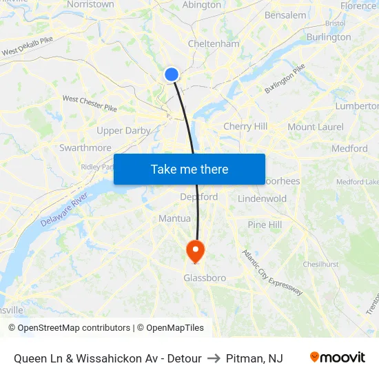 Queen Ln & Wissahickon Av - Detour to Pitman, NJ map