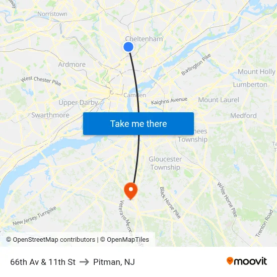 66th Av & 11th St to Pitman, NJ map