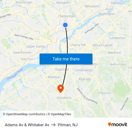 Adams Av & Whitaker Av to Pitman, NJ map