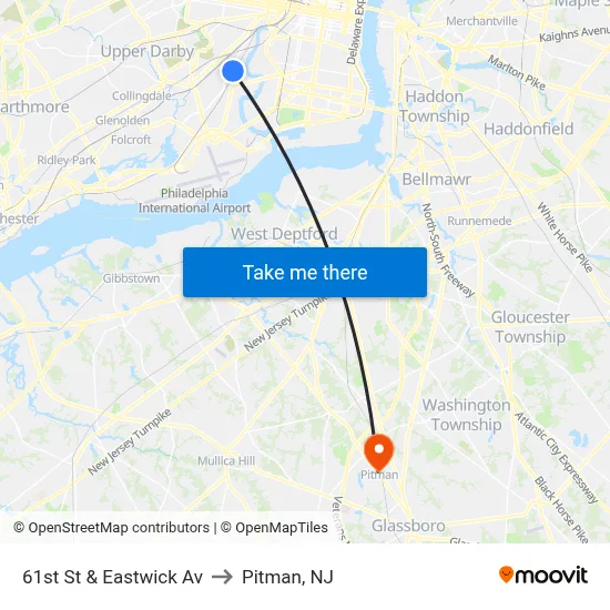61st St & Eastwick Av to Pitman, NJ map