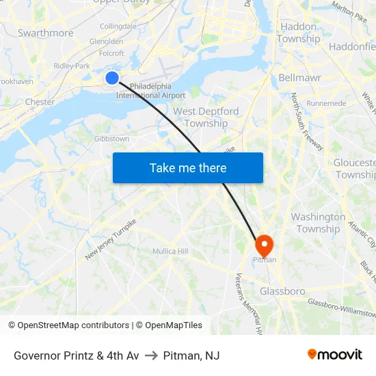Governor Printz & 4th Av to Pitman, NJ map