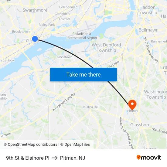 9th St & Elsinore Pl to Pitman, NJ map