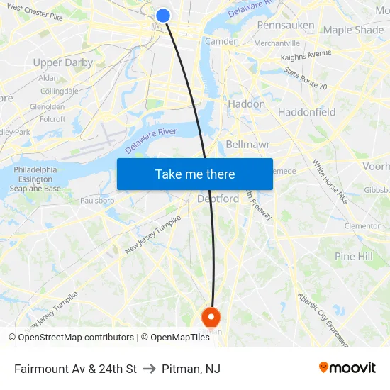 Fairmount Av & 24th St to Pitman, NJ map