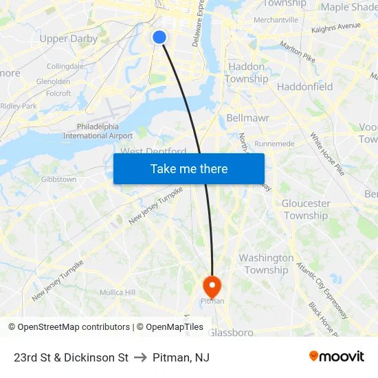 23rd St & Dickinson St to Pitman, NJ map