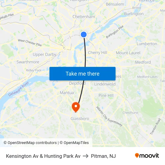 Kensington Av & Hunting Park Av to Pitman, NJ map