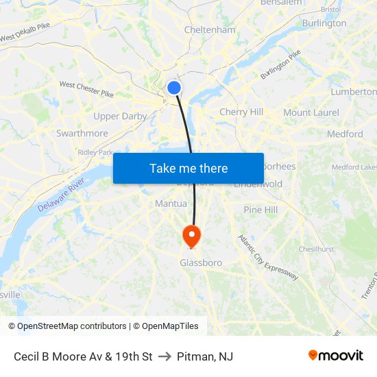 Cecil B Moore Av & 19th St to Pitman, NJ map