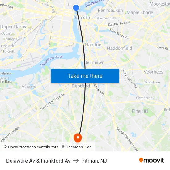 Delaware Av & Frankford Av to Pitman, NJ map
