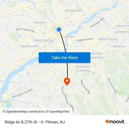 Ridge Av & 27th St to Pitman, NJ map