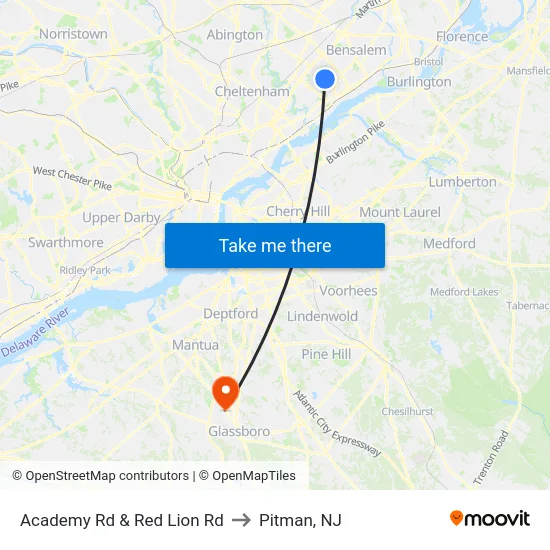 Academy Rd & Red Lion Rd to Pitman, NJ map