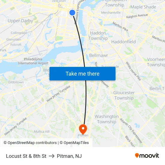 Locust St & 8th St to Pitman, NJ map