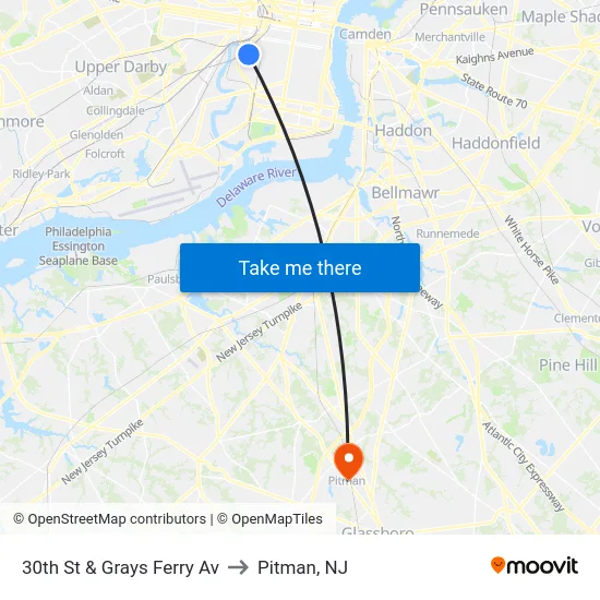 30th St & Grays Ferry Av to Pitman, NJ map